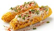 Mexican Street Corn Delight, Celebrate the iconic Mexican street food favorite, elote (grilled corn on the cob), with images showcasing the smoky grilled corn slathered in mayonnaise, cheese, chili po