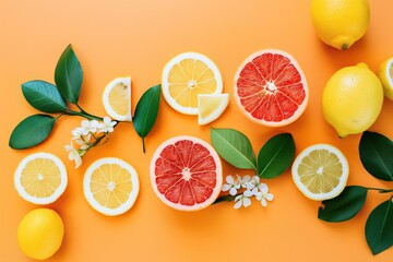 Wall Mural - Fresh citrus fruit slices with green leaves on vibrant orange backdrop