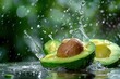 Splash of freshness: an avocado half hit by a water spray against a lush green backdrop