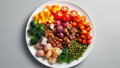 Wall Mural - Balanced Macronutrient Plate, Illustrate the concept of a balanced meal with images of a plate containing appropriate portions of protein, carbohydrates, and fats