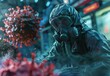 A tense scene featuring a researcher in a hazmat suit confronting a magnified virus particle, symbolizing the fight against global pandemics.