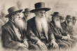 Pencil sketch artistic image of a jewish rabbi admor sits with hasidic followers around him