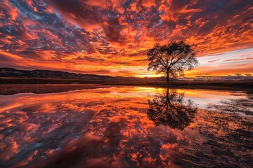 Wall Mural - beautiful red sky on sunset reflecting in water