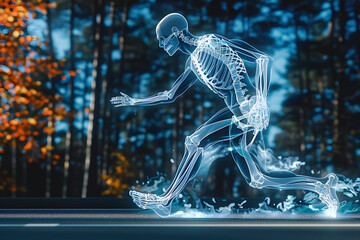 Wall Mural - An illustration of orthopedic medical technology showing a man running with an x-ray of his skeleton