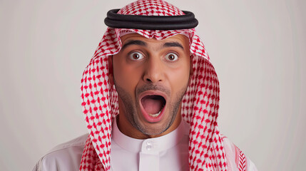 Wall Mural - Surprised Arab Middle Eastern Saudi man with surprised reaction. Isolated on white background 