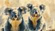 Portrait à l'aquarelle d'un couple de koalas réalistes sur fond beige