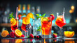 Selection of drinks  cocktails colorful on table with blurred bar background