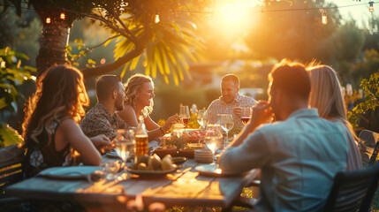 Wall Mural - Happy friends having dinner party at patio garden fest