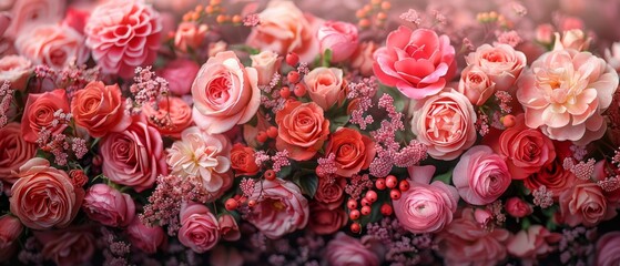 Wall Mural - Stunning floral background design consisting of pink roses and briar (dog roses) for wedding photos