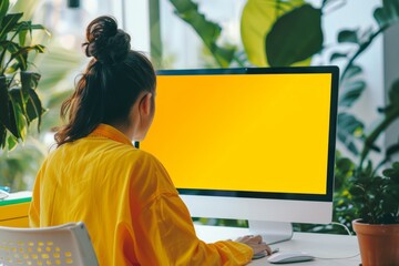 Ui mockup through a shoulder view of a adult woman in front of a computer with a completely yellow screen