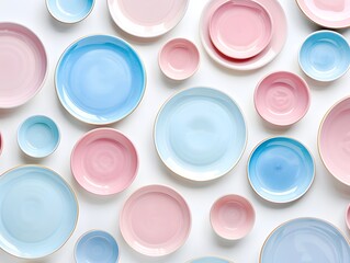 Arranged a lot of pastel coloured plates on white background