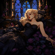 Ethereal beauty in repose: A fairytale princess asleep amidst dark roses