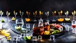 Selection of hard alcoholic drinks in big glasses and small shot glass in assortent  vodka