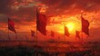 On the sunset illustration, a fantasy battle scene with spears and flags rises, with spears rising in the air