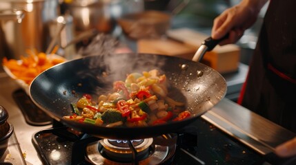 Wall Mural - A wok filled with food cooking on a stove, showcasing vibrant ingredients being stir-fried with precise techniques