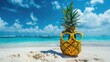 Pineapple with sunglasses on the beach of tropical sea or ocean against blue water and sky with space for copy