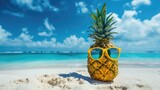 Fototapeta Pokój dzieciecy - Pineapple with sunglasses on the beach of tropical sea or ocean against blue water and sky with space for copy