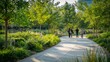 A group of people strolling down a park sidewalk, surrounded by greenery and trees