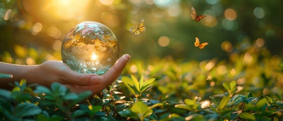 Wall Mural - Earth crystal glass globe in human hand with flying peacock eye butterflies on grass background. Save the environment and keep the planet clean. World Earth Day card.