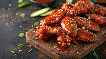 Wall Mural - Classic spicy Buffalo wings with sauce on a wooden cutting board