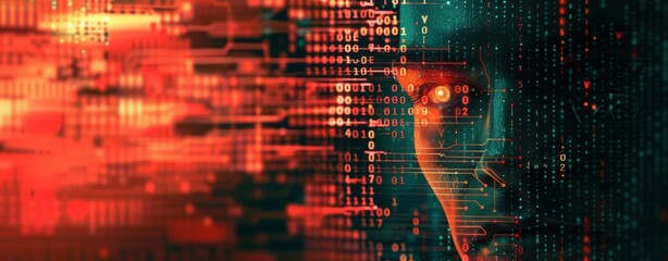 Abstract concept of a digital human face morphing into binary code