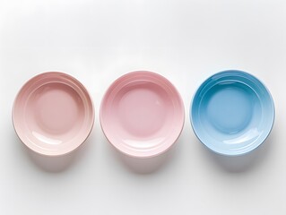 Wall Mural - Top view , Pink, Blue, and light Blue pastel coloured plates on white background 