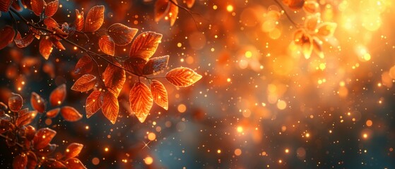 Wall Mural - Toned autumn banner with branches decorated with golden yellow maple leaves and bokeh, against a fantasy background of autumnal foliage.