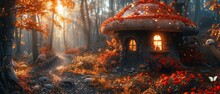 There Is A Magical Enchanted Forest With A Large Mushroom Gnome House, Where A Magical Window Can Be Seen, As Well As An Autumn Maple Tree, A Rose Garden With A Magical Butterfly Floating Around, And