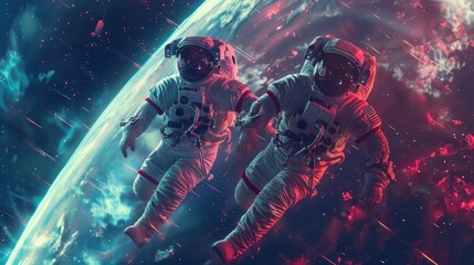 Wall Mural - astronauts in space with distant planet, suitable for science and exploration concepts