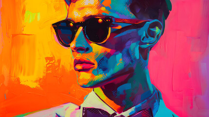 Poster - Bright painting featuring a man person confidently wearing sunglasses and a stylish bow tie. Contemporary modern trendy stylish pop art drawing in bold hues