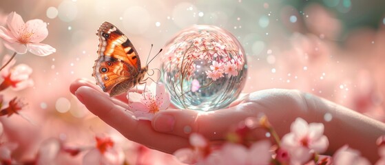 Wall Mural - An illustration for World Earth Day. The theme is to protect the environment and protect clean green planets. The image shows a ball of glass, butterfly, and a growing cherry blossom in the hand of a