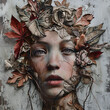 cara de mujer con cabello en forma de hojas secas y ramas que salen de su cabeza retrato artístico lleno de expresión belleza irreal