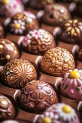 Canvas Print - A close up view of a tray filled with assorted chocolates. Ideal for food and dessert concepts