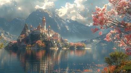 Wall Mural - Fantasy Backdrop with Fantasy Castle in a Bright Day. Concept Art. Realistic Illustration. Game Digital CG Artwork Background with Building Scenery.