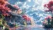 Ingenious Japanese Courtyard Landscape on a Bright Day. Concept Art. Realistic Illustration. CG Artwork Background for Video Games. Scenic Scenery.