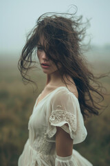 Wall Mural - A woman with long hair is standing in a field