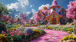 A majestic pink castle surrounded by a vibrant garden of pink flowers, embodying a fairy-tale dream.