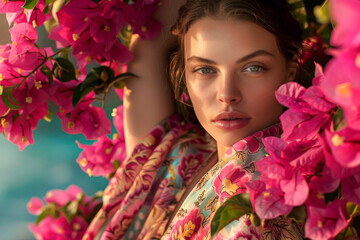 Wall Mural - Portrait of a beautiful young woman with flowers in her hair.
