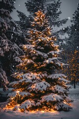 Canvas Print - A beautifully lit Christmas tree surrounded by snow. Perfect for holiday-themed designs