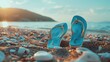 Blue flip flops resting on a sandy beach, perfect for summer concepts