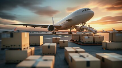 An Arial View Of A Commercial Airplane Landing At A Container Terminal Port.