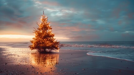 Poster - A small Christmas tree on the beach at sunset. Perfect for holiday and travel concepts