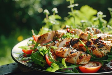 Fresh chicken salad with tomatoes and lettuce, perfect for food and cooking concepts