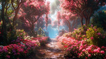 Enchanted Garden, Fantasy Nature Backdrop, Concept Art, Realistic Book Illustration, Video Game Background, Digital Painting, Scenery CG Animation.