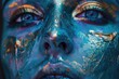 Close up of a woman's face with blue paint. Perfect for beauty or artistic concepts
