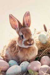 Canvas Print - Cute rabbit surrounded by colorful Easter eggs. Perfect for Easter holiday projects