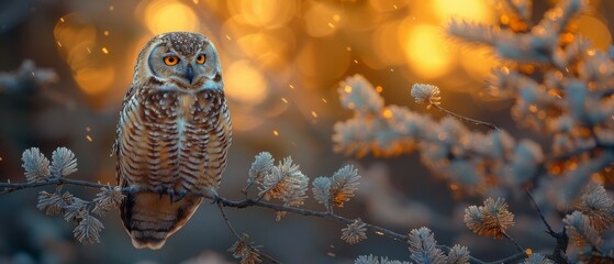 Wall Mural - An owl naps in an enchanted forest of spruce trees with moonlight rays breaking through the branches, a funny cute creature sitting on a twig of a fir tree.