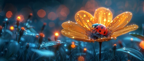 Wall Mural - A yellow ficaria flower and a ladybug in an enchanted fairytale magical garden in an enchanted forested forest, a fairytale glade off against a mysterious midnight background, an elven magic wood