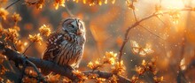 In Deep Dark Fairytale Magical Wood, An Owl Is Sleeping, Two Butterflies Are Flying Through The Branches, And A Funny Cute Bird Is Sitting On A Branch Of A Fir Tree.