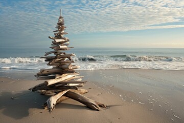 Wall Mural - A pile of driftwood on a sandy beach, perfect for nature backgrounds